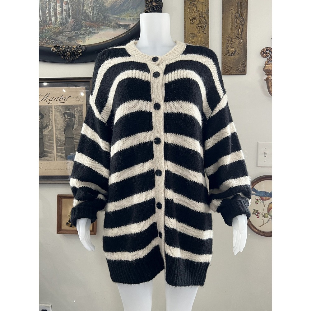 Zara Oversized Striped Wool Blend Knit Cardigan Black Cream Size Medium